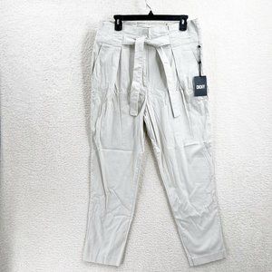 DKNY Cotton Paper Bag Tie Belt Pleated High Waist Ankle Pants Beiage Color NWT